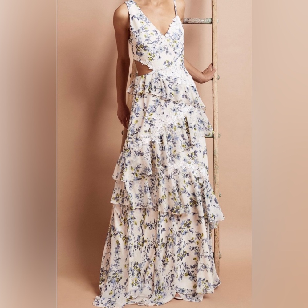 BCBG Amur Floral Cut Out Ruffle Tiered Maxi Dress